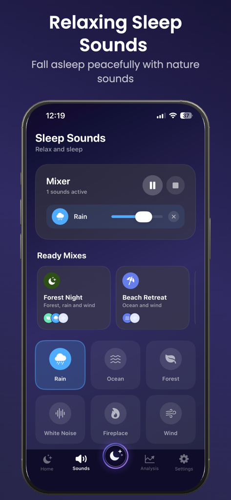 Sleep Debt: Sleep Tracker - Interface of the Sleep Debt app showing the relaxing sleep sounds mixer with rain and forest options