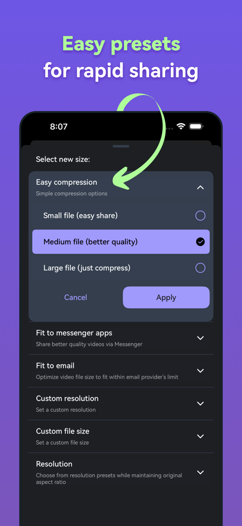 Panda - Video Compressor - Interfaccia dell'app Panda Video Compressor che mostra vari preset di compressione delle dimensioni video per una condivisione rapida