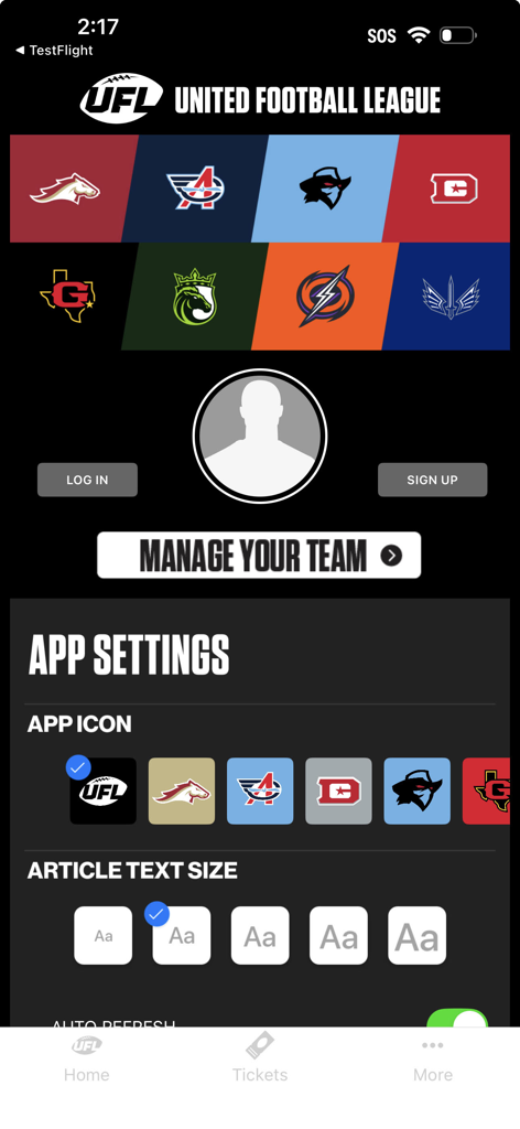United Football League app settings screen showing team icon selection and profile personalization options