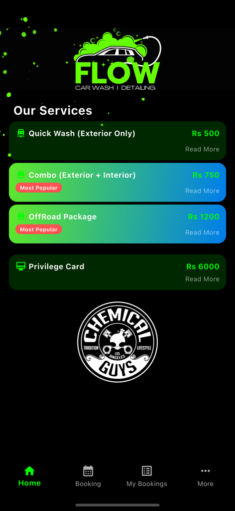 Flow Car Wash - Flow Car Wash mobile app screen showing different service packages including quick wash and full interior exterior combo options