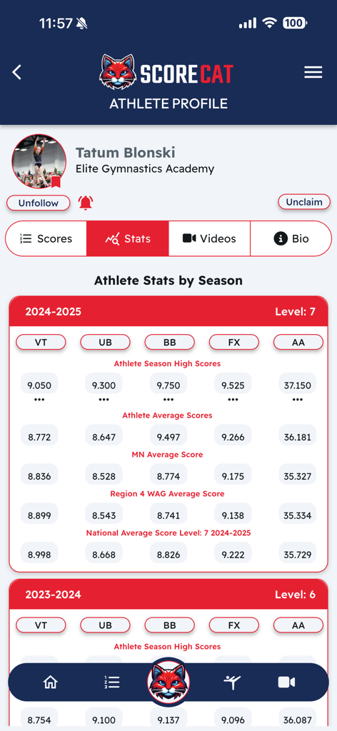 ScoreCat app athlete profile page showing gymnastics statistics and scores