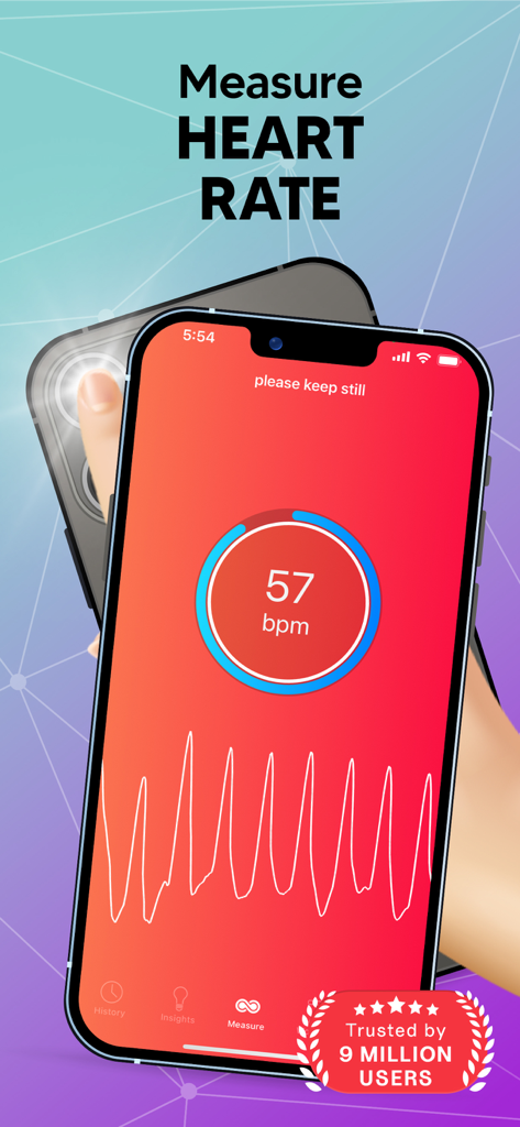 Smartphone displaying a heart rate of 57 bpm using the Cardiio app camera sensor