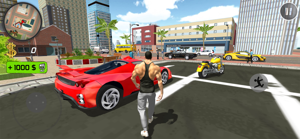 Third person view of a character standing near a red sports car and yellow motorcycle in an open world city street