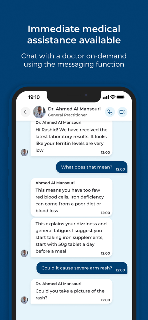 Mediclinic - ميديكلينيك - Mobile app screen showing a secure on-demand chat with a doctor for medical assistance and test results