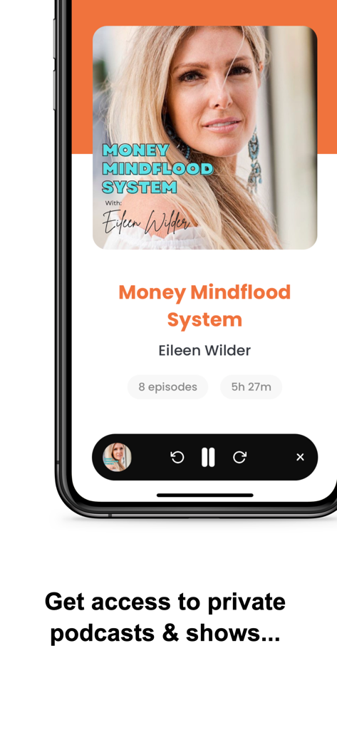 Hiro.fm - Hiro.fm app screenshot showing a private audio course titled Money Mindflood System by Eileen Wilder