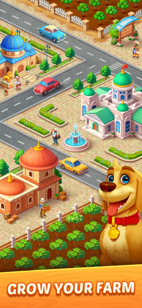 A vibrant city and farm scene with colorful buildings, cars, and a smiling dog mascot