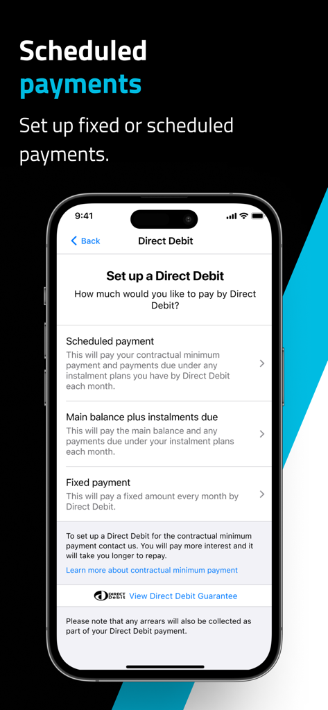 Black Horse FlexPay app interface for setting up direct debit and scheduled payment options