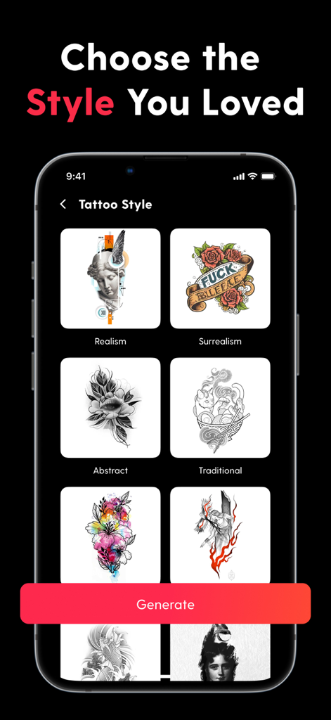 AI Tattoo - Ink Tattoo Creator - Interface of the InkGenie app showing various tattoo styles like realism and surrealism with a generate button.