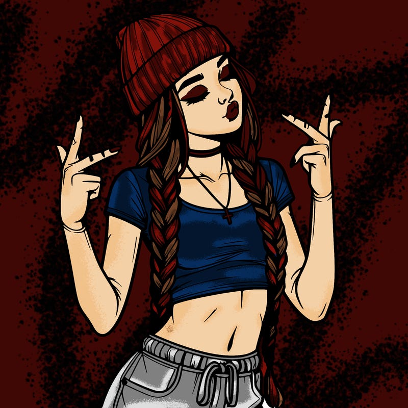 realistic teenage girl with braids and a beanie and crop top doing 🫶🏼