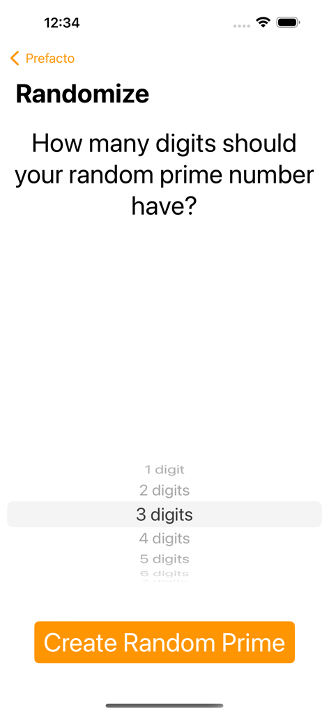 Screen of the Prefacto app allowing users to select the number of digits for generating a random prime number.
