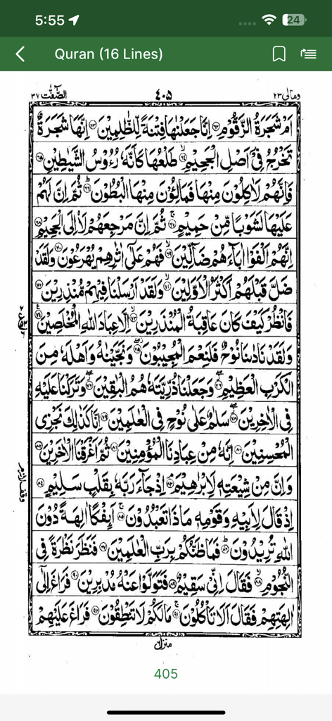 Full Quran Sharif Offline App - Screenshot of the 16-line Quran layout for recitation and memorization in the Full Quran Sharif Offline App