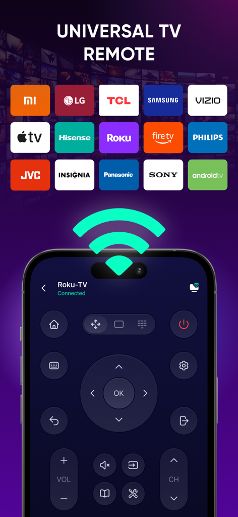 Smart TV Remote Control Plus - Universal smart TV remote app interface showing compatibility with multiple brands like Samsung LG Roku and Sony