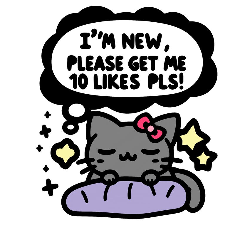 kitty taking a nap dream talking and saying "i'm new, please get me at least 10 likes pls!!"
