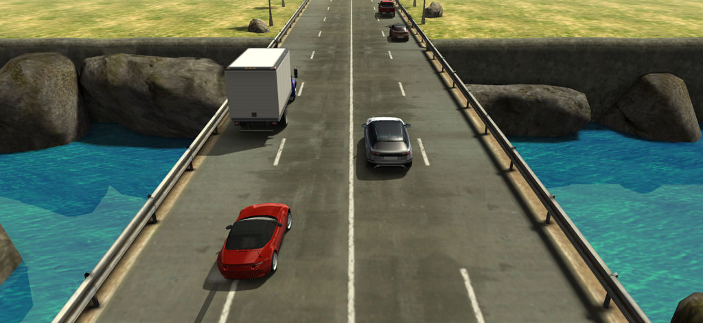Traffic Racer - Traffic Racerモバイルゲームで、水上の多車線橋を走る赤いスポーツカー。