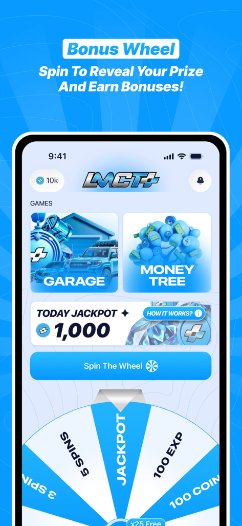 LMCT+ - LMCT plus app bonus wheel feature for winning prizes and bonuses
