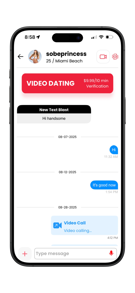 A chat screen on the Date.com app featuring a conversation history, a video call log, and a red button for premium video dating verification.