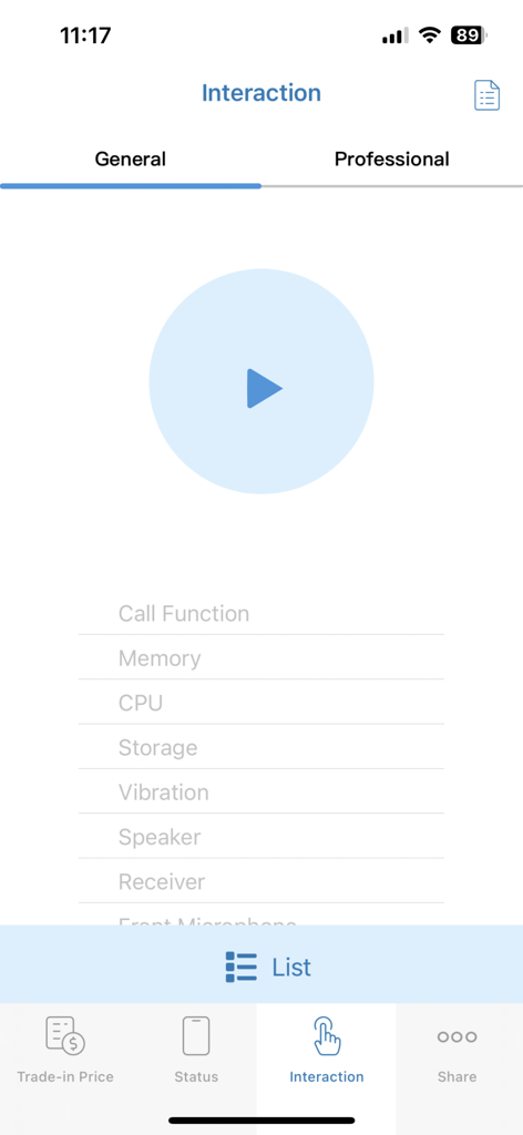 Interface of the Phone Doctor Plus app showing the interaction tab with a list of hardware diagnostic tests