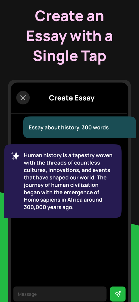 Studo: AI Homework Helper - Pantalla de la aplicación de ayuda con tareas Studo AI mostrando una función de generación de ensayos automatizada para historia