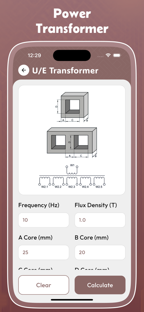 Transformer Calculator Pro - Interfaz de la aplicación Calculadora de Transformadores Pro con campos de cálculo de núcleo y bobinado