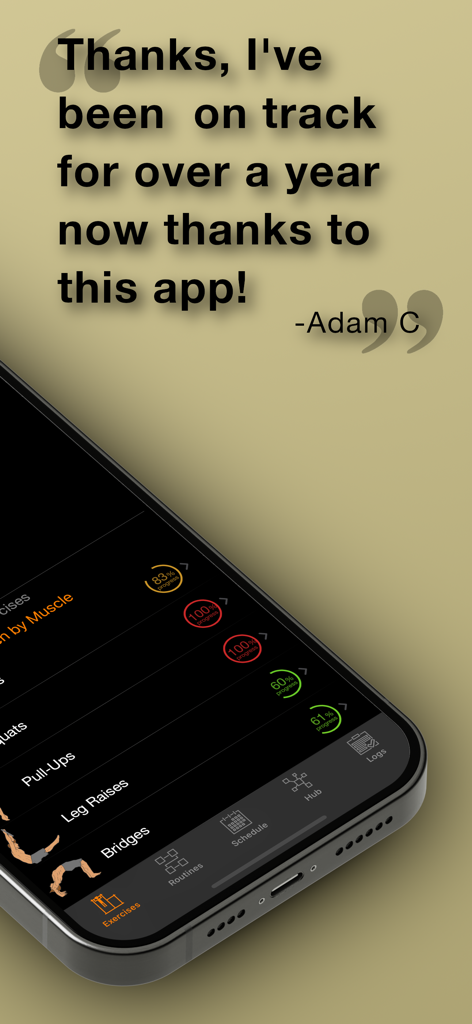 Smartphone mostrando a lista de exercícios e o acompanhamento de progresso do app Calisthenics Mastery ao lado de um depoimento positivo de Adam C.