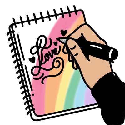 a hand writing “love” in calligraphy on a notebook