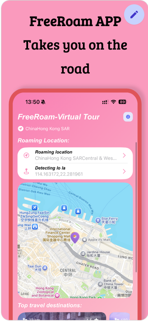 Screenshot of FreeRoam app showing a virtual tour interface with a map of Central Hong Kong and roaming location details