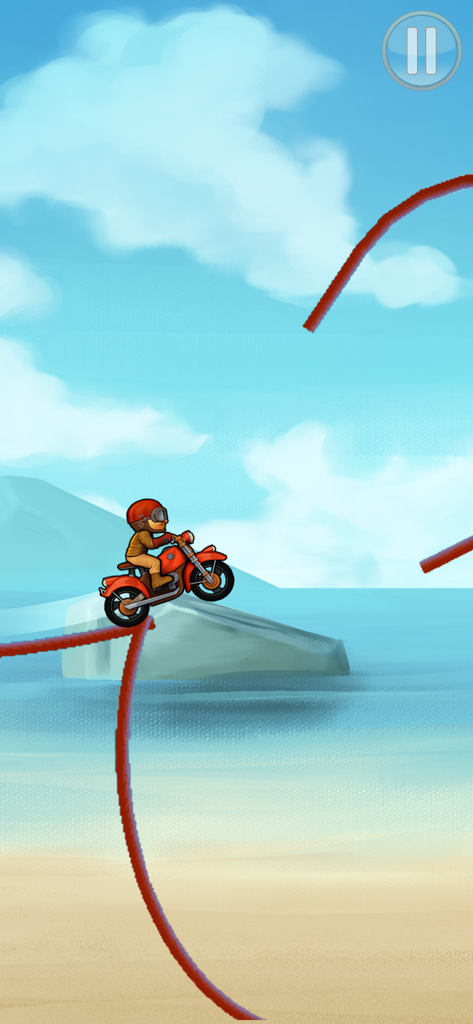 A motorcycle rider on a red track with a beach and ocean background.