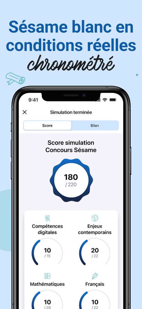 Prépa Concours Sésame - Écran des résultats d'examen blanc chronométré pour l'application de préparation au concours d'entrée Concours Sesame