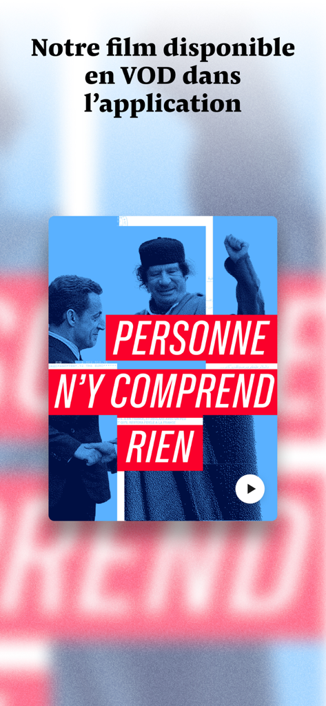 Mediapart, journal indépendant - ストリーミングで視聴可能な調査ドキュメンタリー映画を紹介するMediapartモバイルアプリの画面