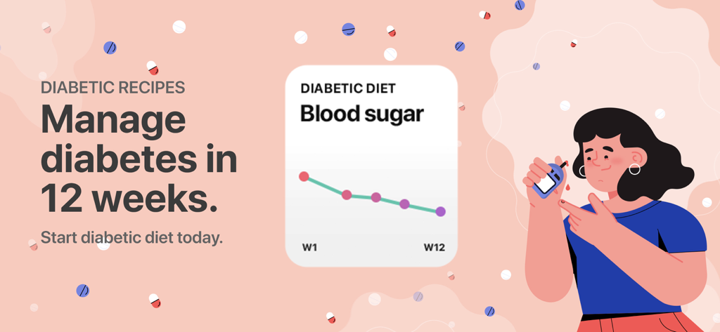 Diabetic Recipes-Meal Planner - Banner mostrando un gráfico de control de azúcar en sangre y una mujer revisando su nivel de glucosa