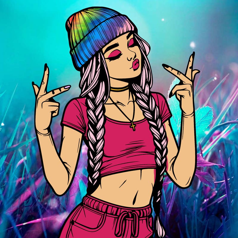 realistic teenage girl with braids and a beanie and crop top doing 🫶🏼
