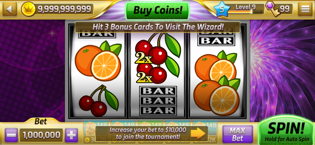 Classic Slots Casino - Una interfaz de juego de máquina tragamonedas de tres rodillos con naranjas, cerezas y símbolos de BAR en Classic Slots Casino