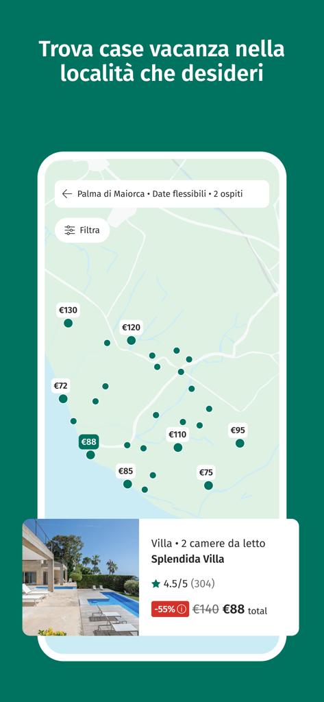 Interfaccia dell'app CaseVacanza che mostra una mappa con segnaposto dei prezzi degli affitti vacanze e un elenco di ville in evidenza