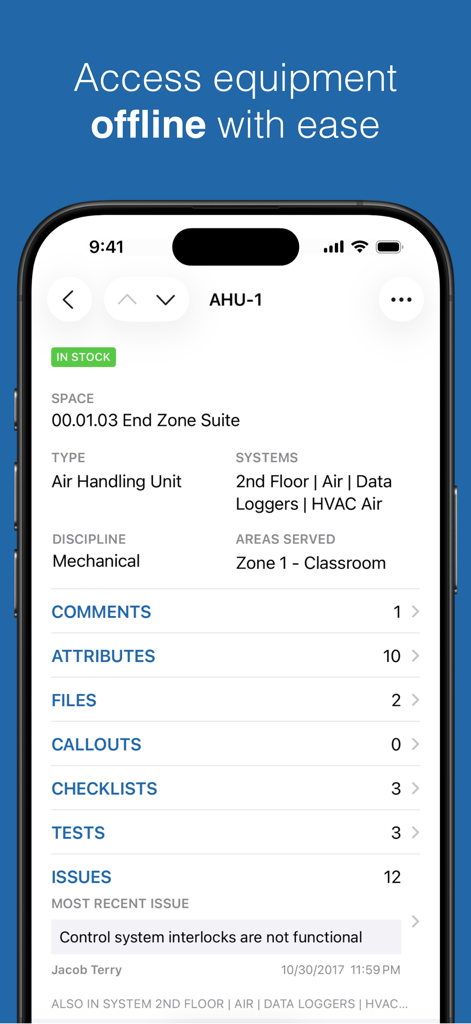 오프라인 액세스가 가능한 공조 장치에 대한 장비 세부 정보를 보여주는 CxAlloy TQ 앱 인터페이스