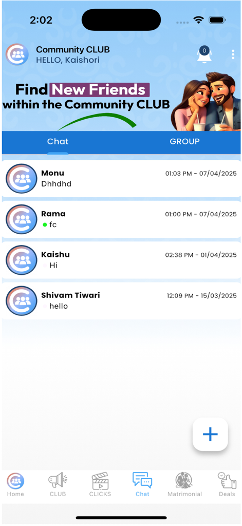 Community CLUB - Interface of the Community CLUB app showing a list of recent chats with community members and a promotional banner for finding new friends.