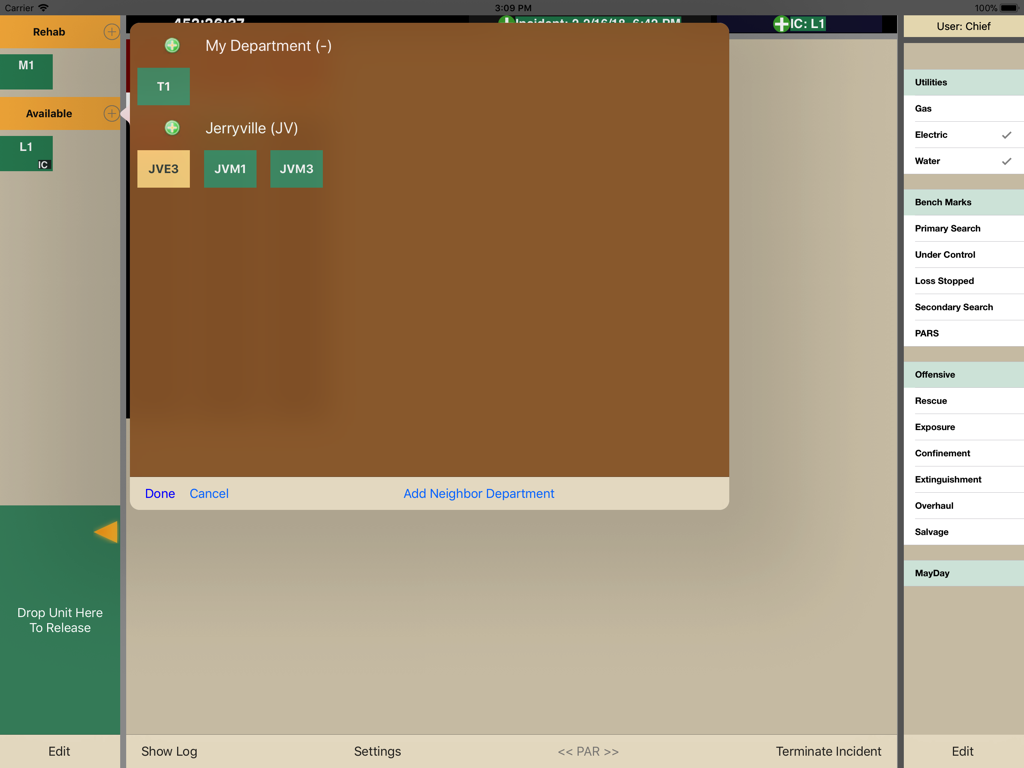 Total Command - Total Command app dashboard on iPad showing unit tracking and department management for incident commanders