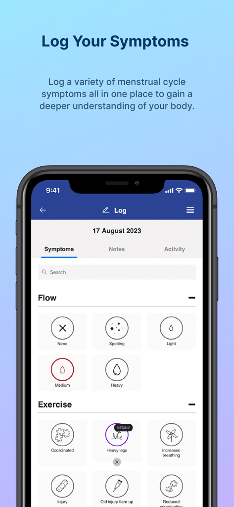 FitrWoman - Interfaz de la app FitrWoman mostrando opciones para registrar síntomas del ciclo menstrual, incluyendo intensidad del flujo y el impacto en el rendimiento del ejercicio como piernas pesadas o falta de coordinación.