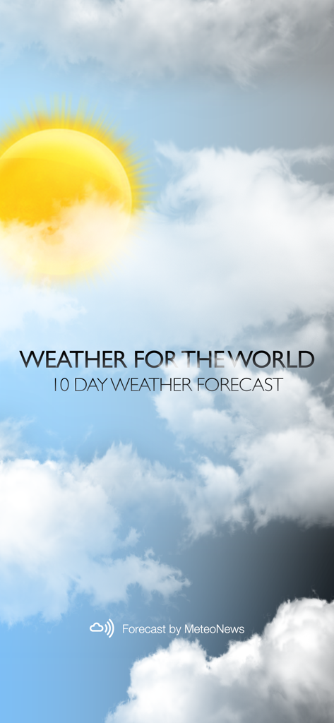 Weather for the World - 世界の天気アプリのスプラッシュスクリーン。太陽と雲が表示され、10日間の予報の見出しが付いています。