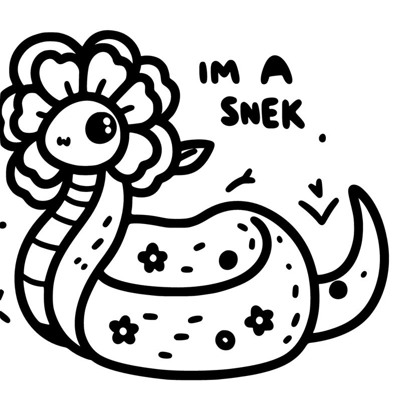 snake wearing a cute flower that says im a snek