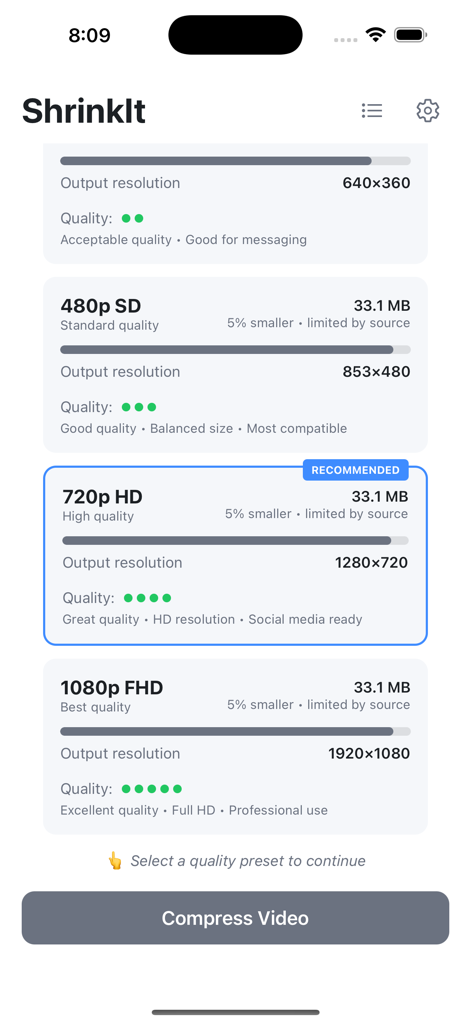 Video Compressor - ShrinkIt - Interface of ShrinkIt app displaying various video compression quality levels and resolutions