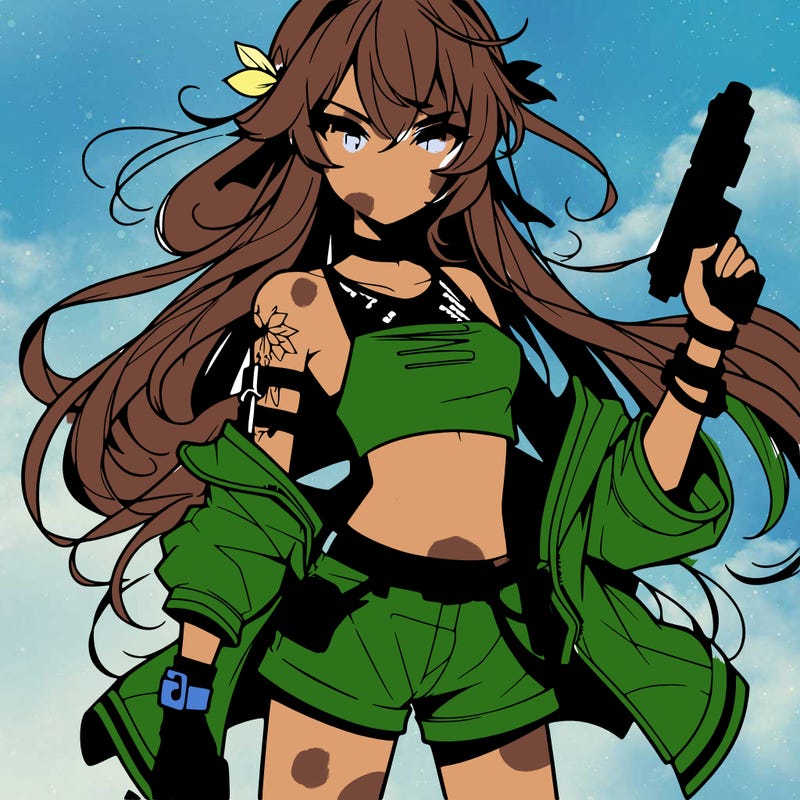 bad girl wearing crop top holding a gun long hair anime