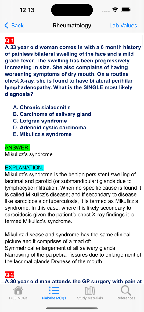 A medical practice question and explanation for the PLAB exam within the mobile app.
