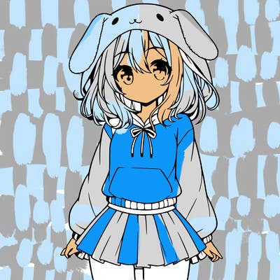 pretty anime girl wearing a fluffy hoodie with bunny ears on the hood and a skirt