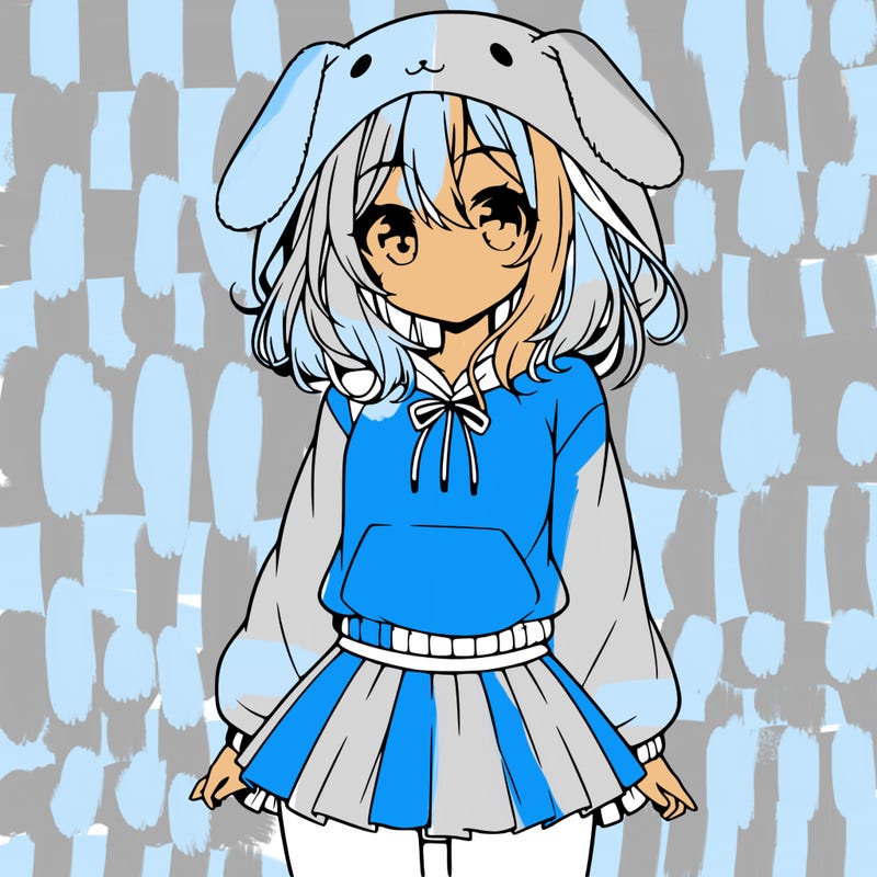 pretty anime girl wearing a fluffy hoodie with bunny ears on the hood and a skirt