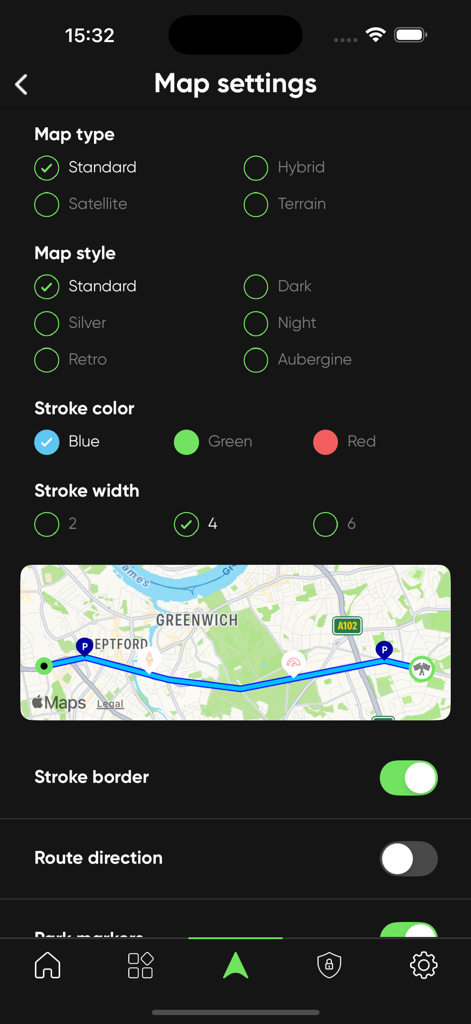 SIZZAPP Pro - SIZZAPP Pro map settings screen with options for map type style and route line appearance