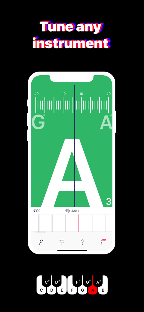 Tuner ONE PRO Guitar & Ukulele - Tuner ONE PRO mobile app interface showing a large A note tuning screen on a green background with a piano keyboard indicator.