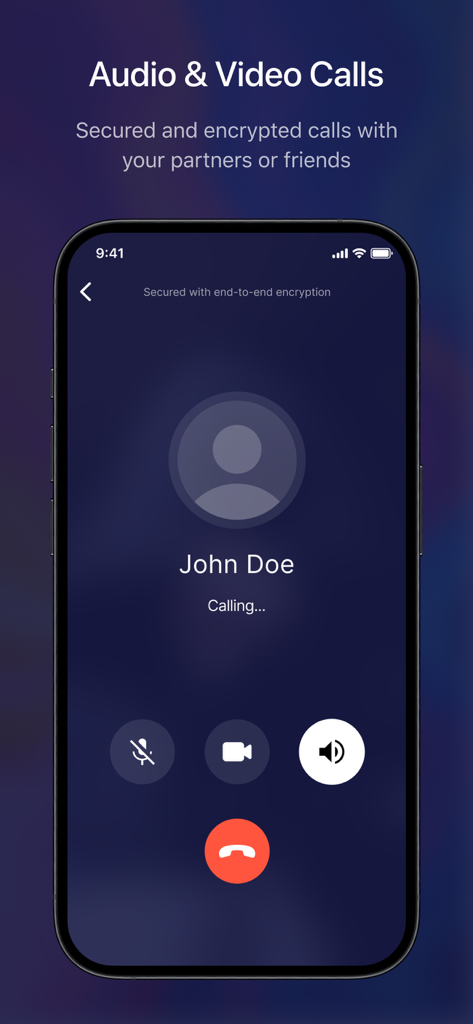 Interface of Verum Messenger showing a secured and end-to-end encrypted audio call.