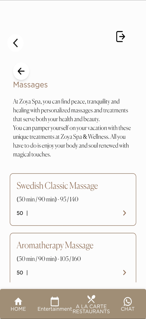 Elexus Hotel & Resort & Spa - The Elexus Hotel app interface for booking massages at Zoya Spa