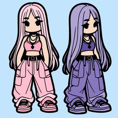 girl in baggy pants crop top and long hair