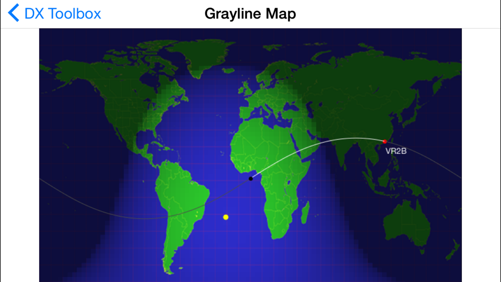 A world map in DX Toolbox showing the grayline and radio propagation path between two locations